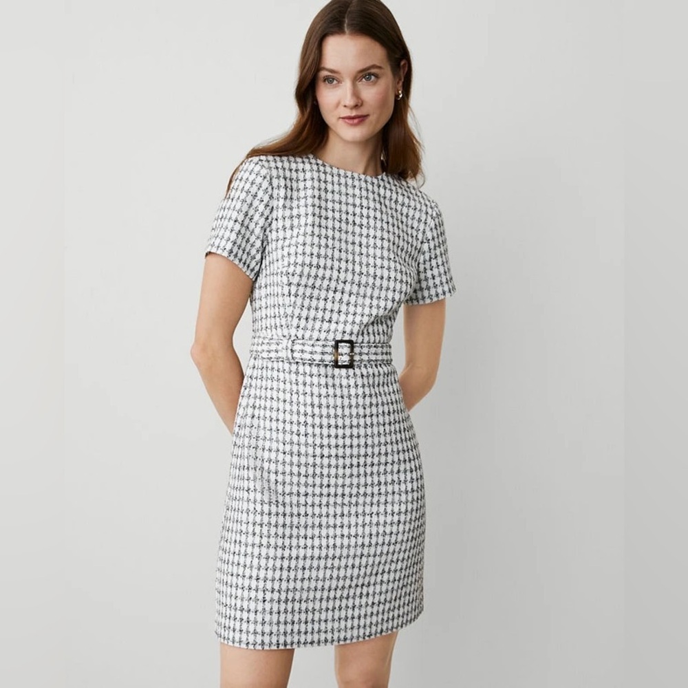 Ann Taylor Size 16 Belted Black and White Tweed Sheath Dress